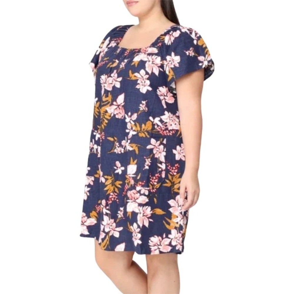 NICOLE MILLER NWT Navy Floral Linen Blend Square Neck Shift Dress‎ XL Spring